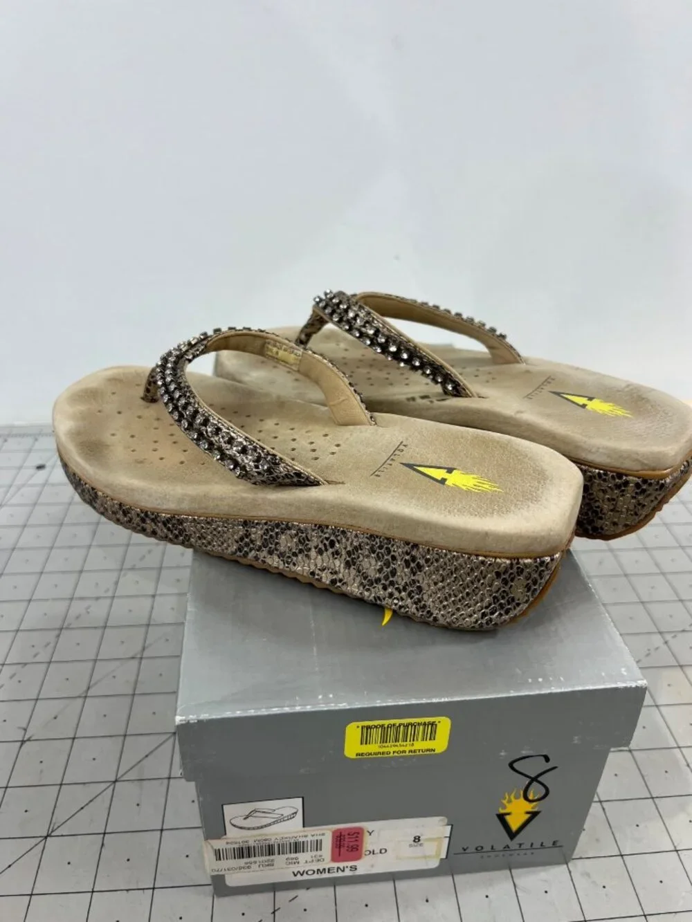 Volatile Women’s Rhinestone-Embellished Wedge Sandals Size 8 Snake Print Platfor - Picture 5 of 6